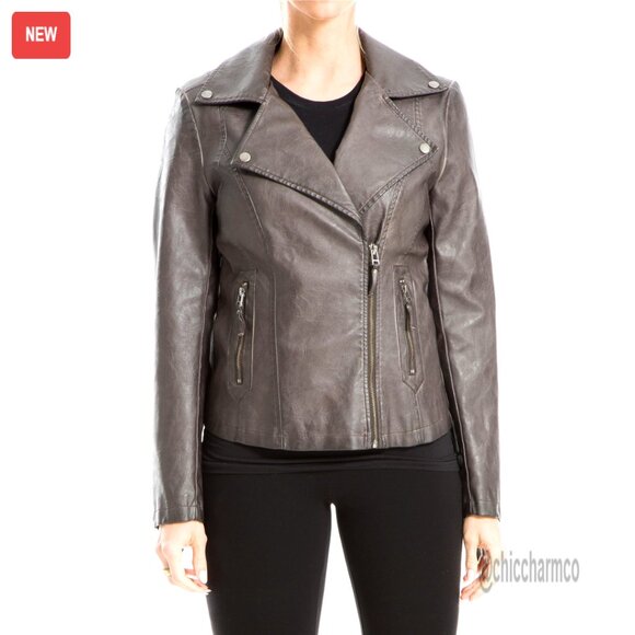 Faux Leather Jacket Notched Lapel Long Sleeve Pockets Casual Wear